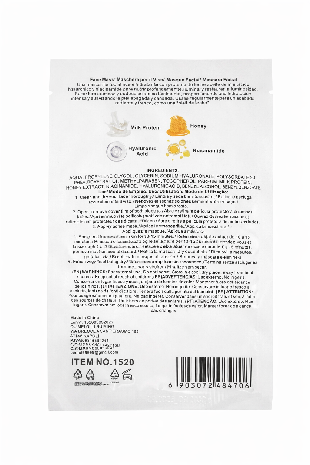 Maschera Viso Bianco  Latte & Miele con Acido Ialuronico e Niacinamide